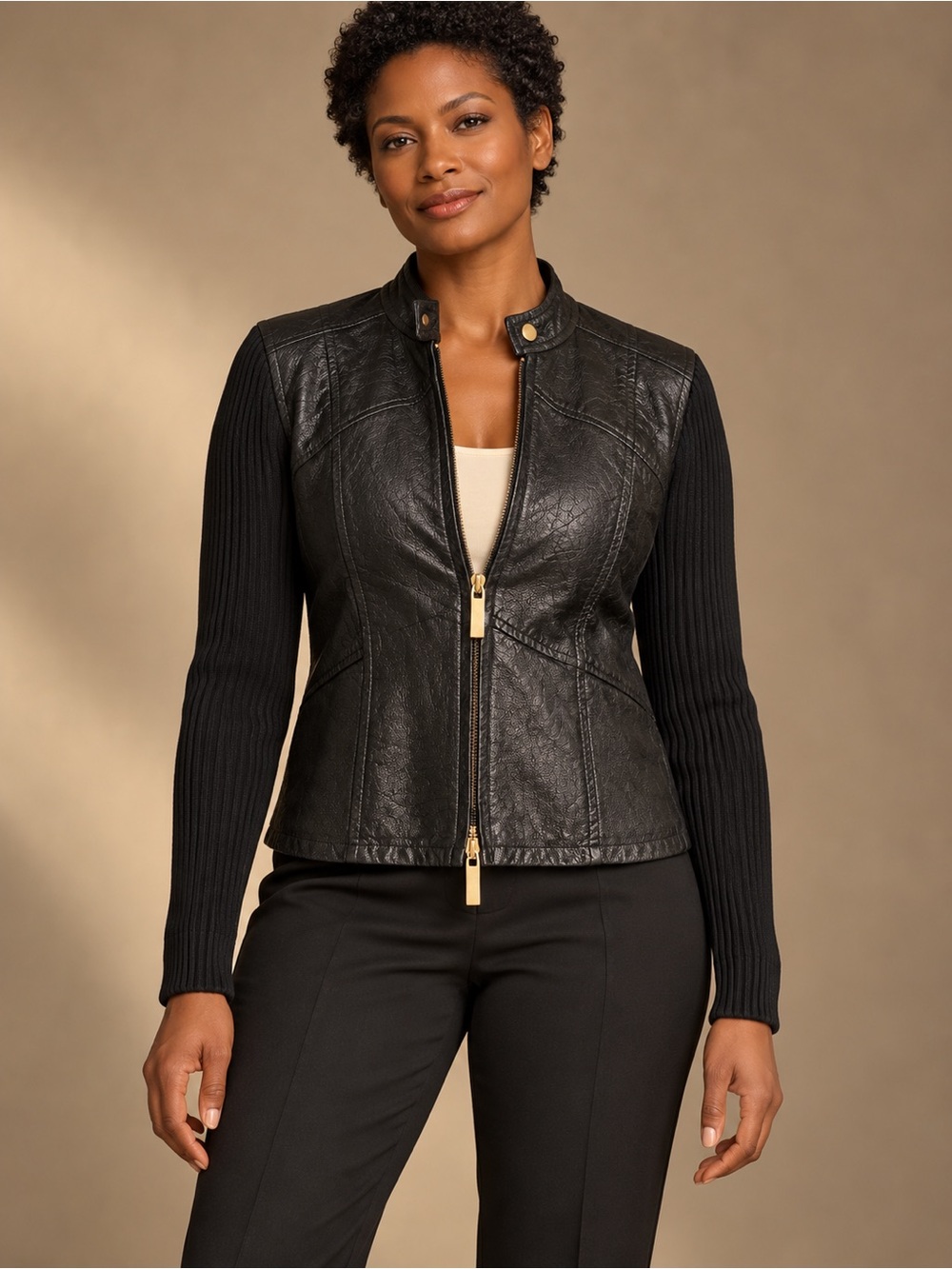 Katherine Barclay black leather and ribbed knit jacket, size Medium (M).